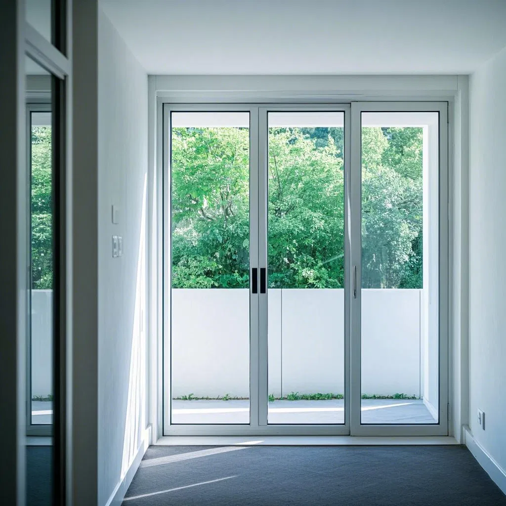 Pintu geser aluminium ramping 2mm Frame pembukaan horisontal Pintu geser kaca 0
